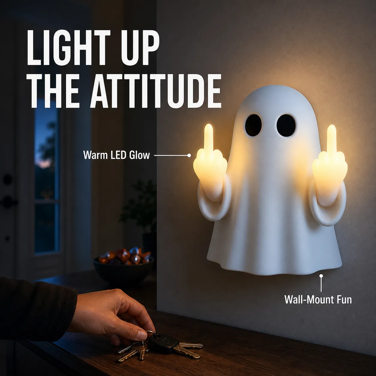 Double middle-finger ghost night light in a moody home entryway