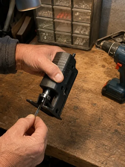 Older hands changing a blade in the drill-powered jigsaw adapter on a basement workbench