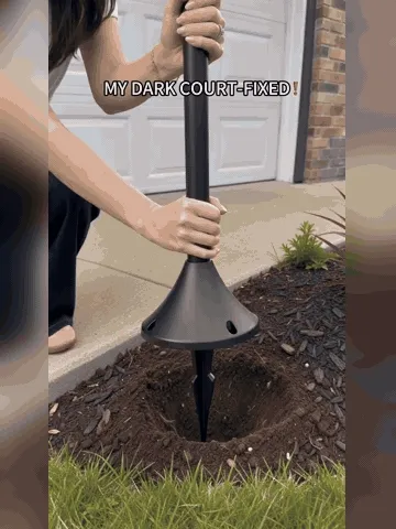 Solar courtyard lamp installation and warm nighttime glow