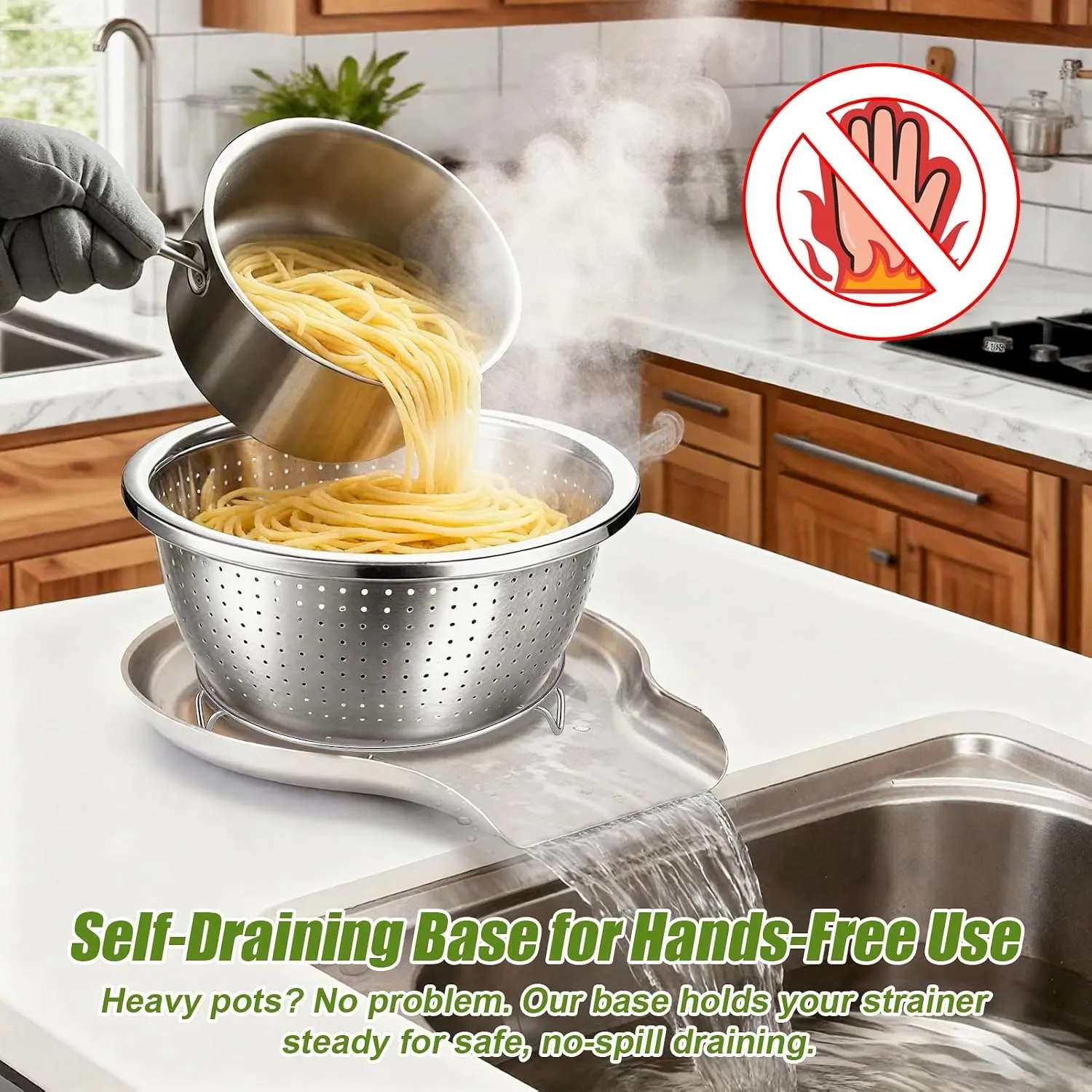 Hot pasta draining in the elevated stainless steel colander