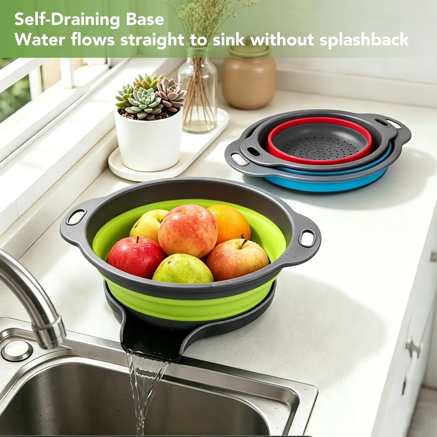 Sloped drain base guiding water directly into a kitchen sink