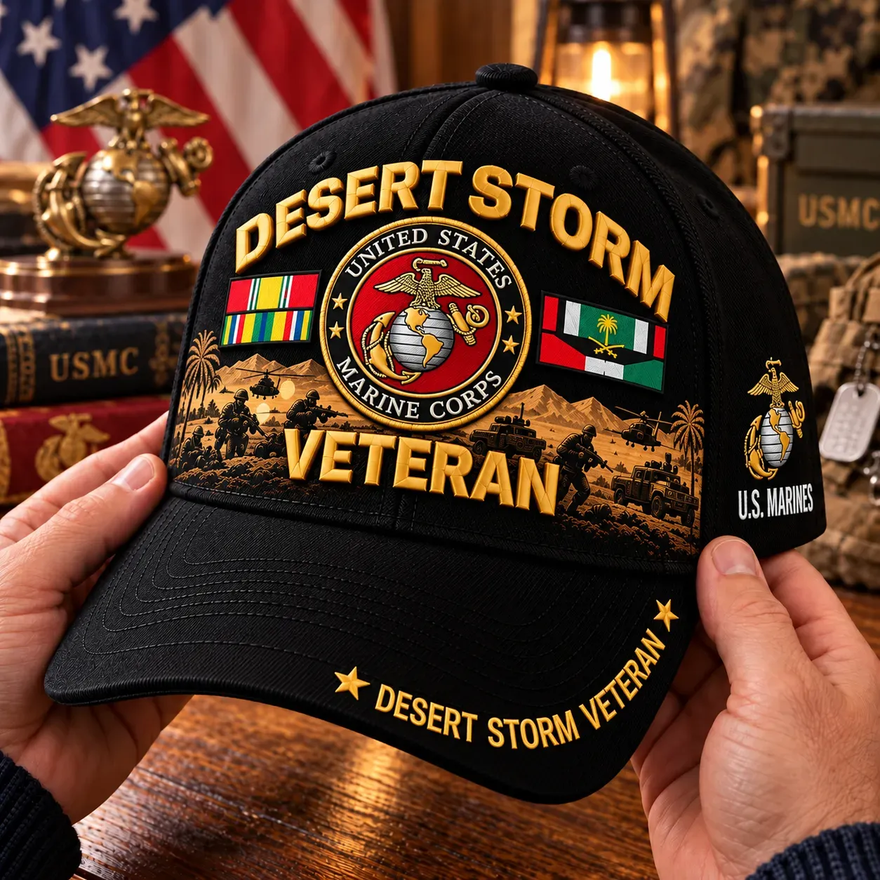 Marine Corps cap close view showing front artwork and side branch identification