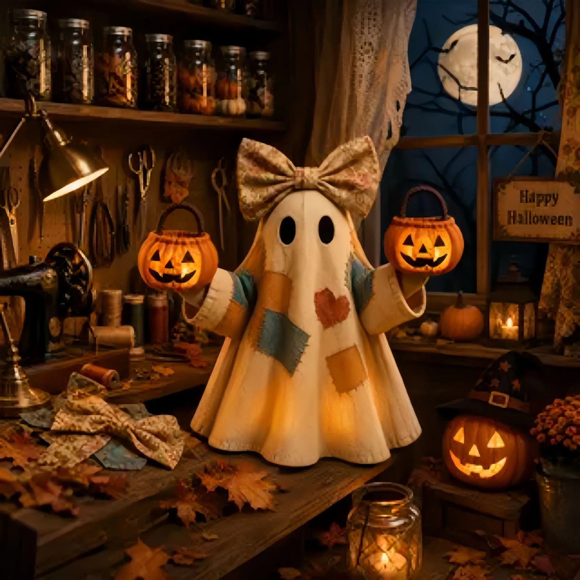 Lighted double-pumpkin patchwork ghost in a Halloween workshop scene
