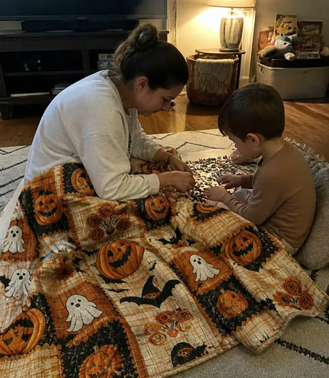 Parent and child sharing a Halloween throw during a floor activity