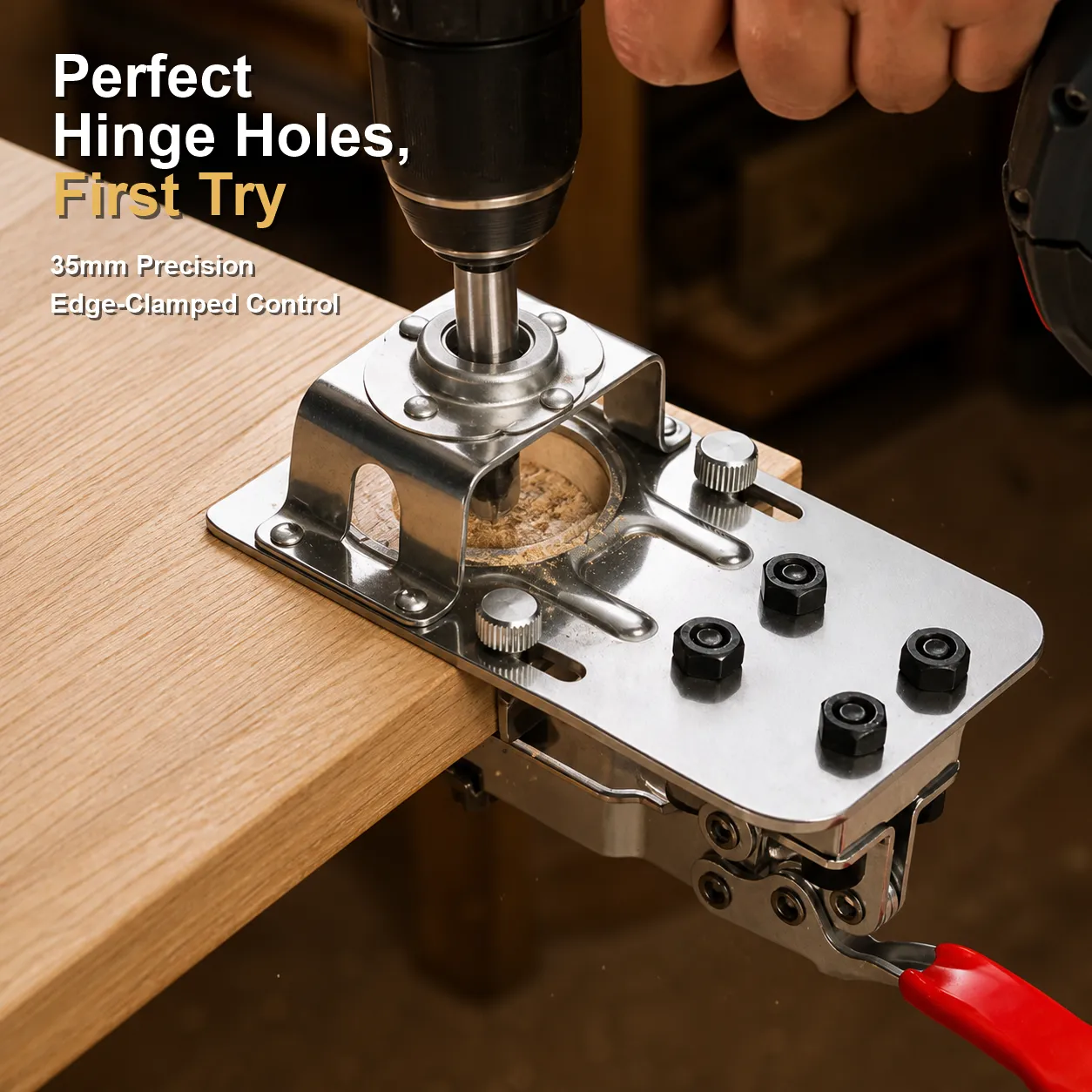 Precision hinge jig guiding a drill on a cabinet door