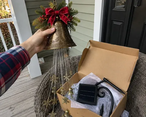 Unboxing the Christmas bell cascade light on a front porch