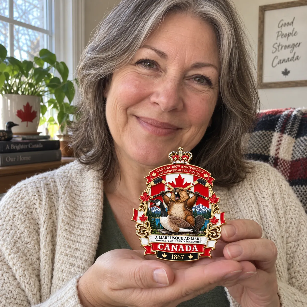 Woman holding the Canada anniversary badge in both hands beside a window — AI-generated lifestyle image