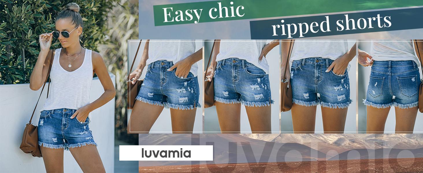 Luvamia Women's Casual Mid Rise Denim Shorts Stretch Ripped Raw Hem Jean Shorts Basic Fitted Bottom for Summer Luvamia Women's Casual Mid Rise Denim Shorts Stretch Ripped Raw Hem Jean Shorts Basic Fitted Bottom for Summer