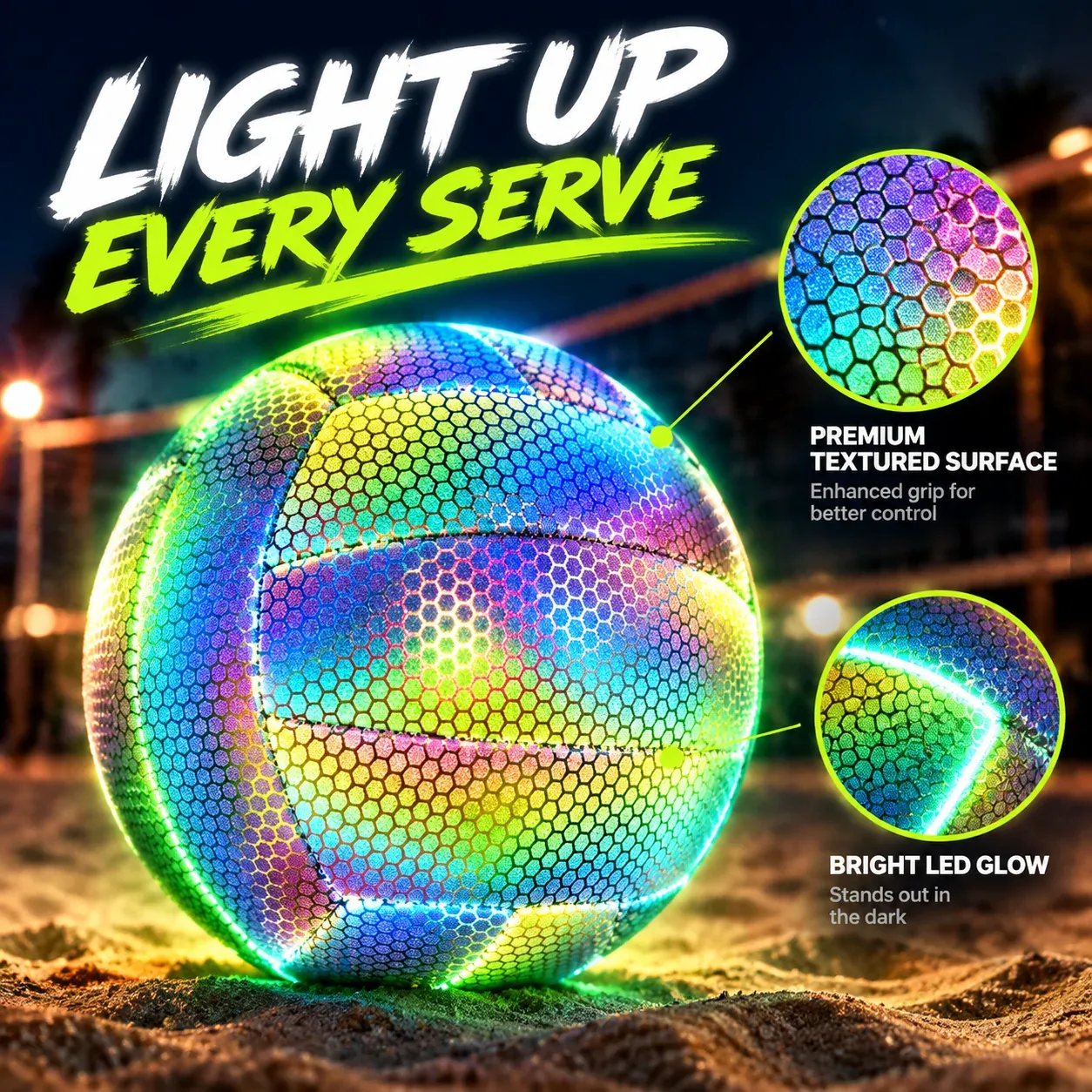 Close-up detail of the colorful light-up volleyball surface and glow