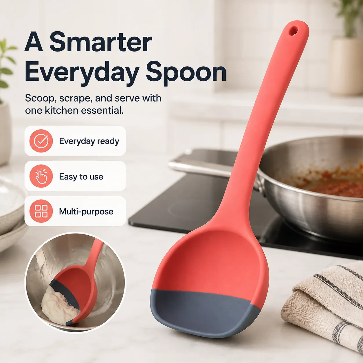Coral silicone scoop scraper spoon ready beside stovetop and mixing bowl