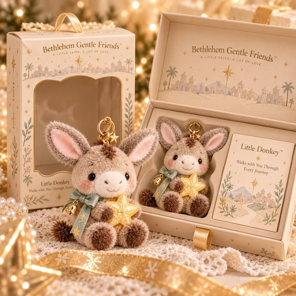 Little Donkey shown beside its presentation packaging and matching message card