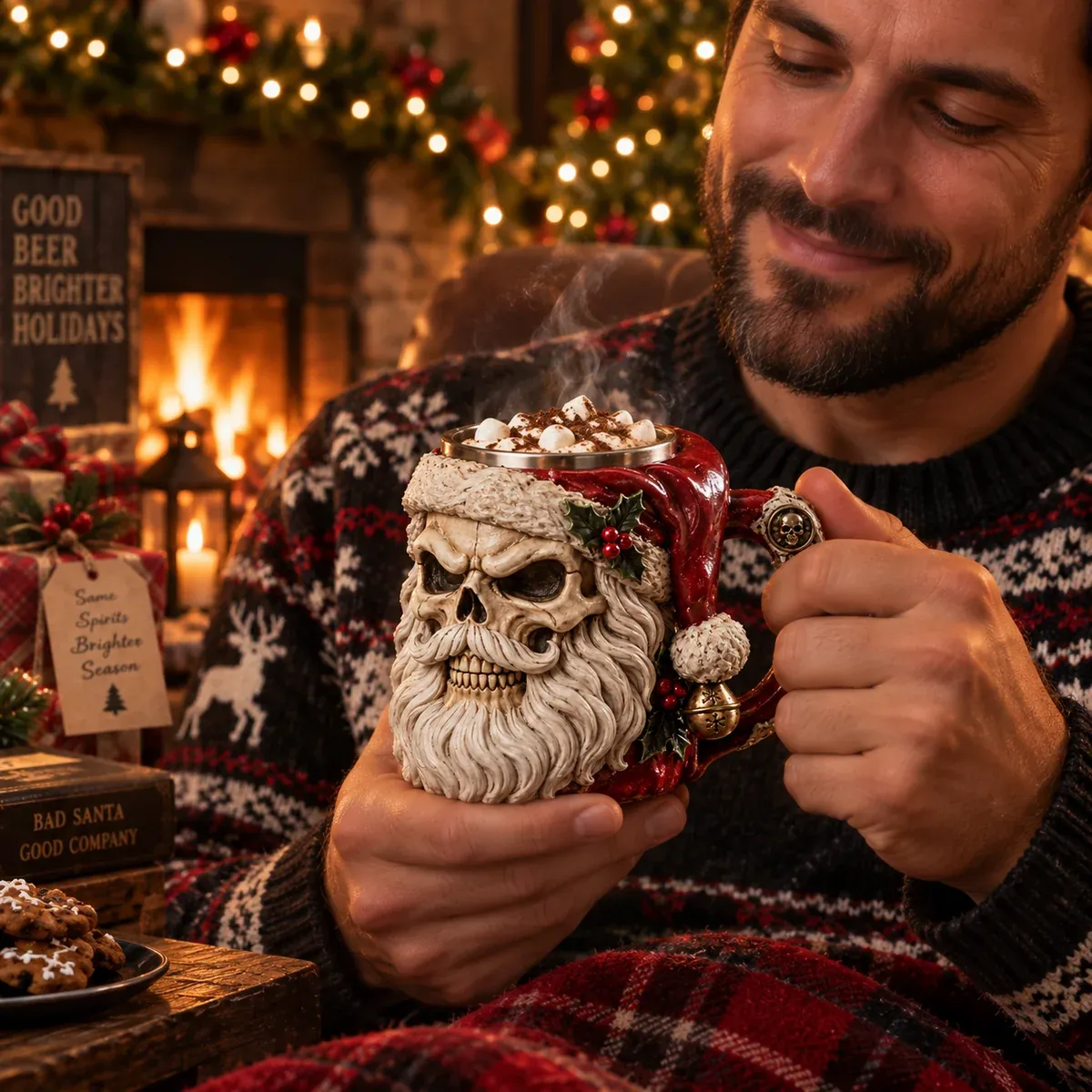 Skull Santa Mug used by fireplace