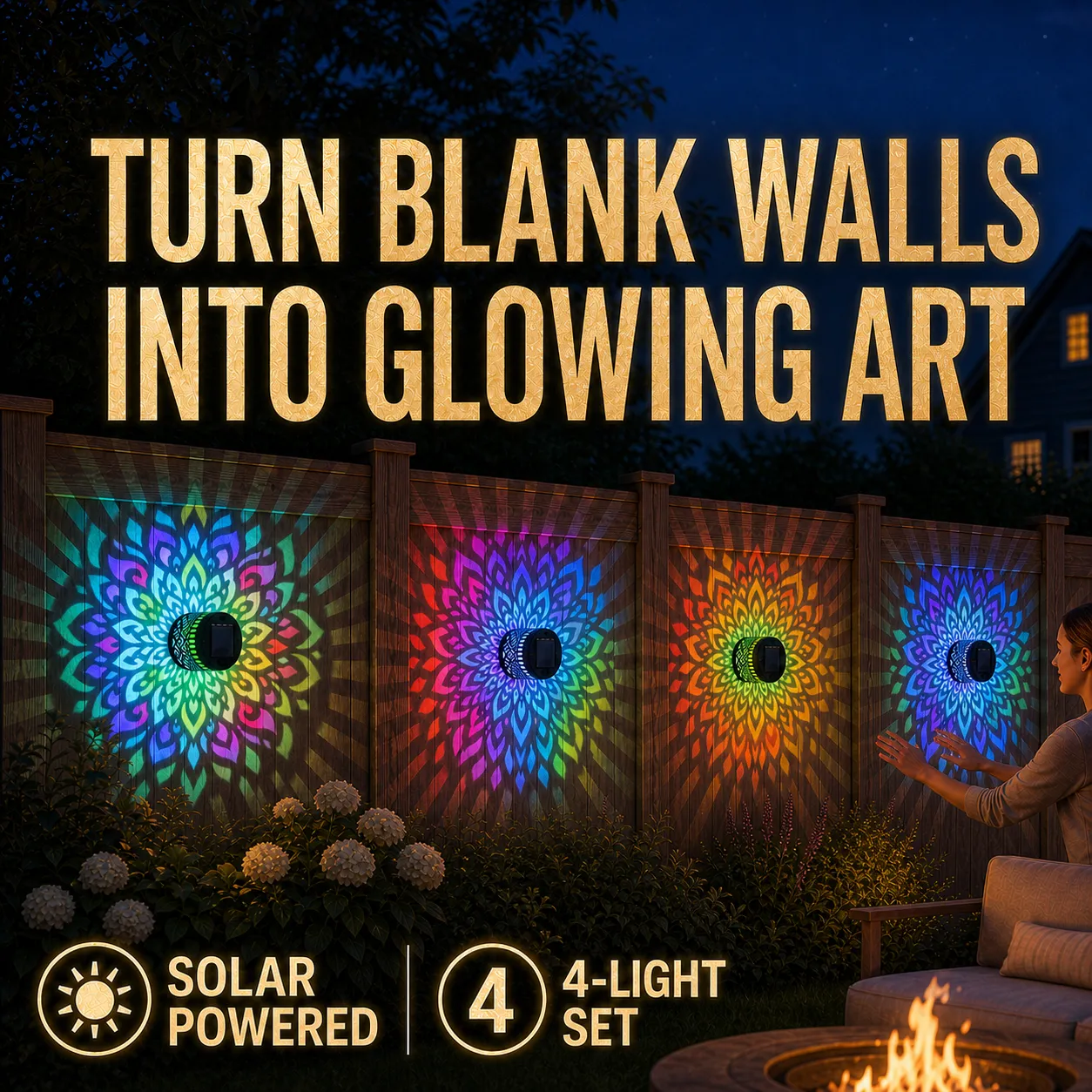 Four solar mandala wall lights casting colorful patterns across a backyard fence