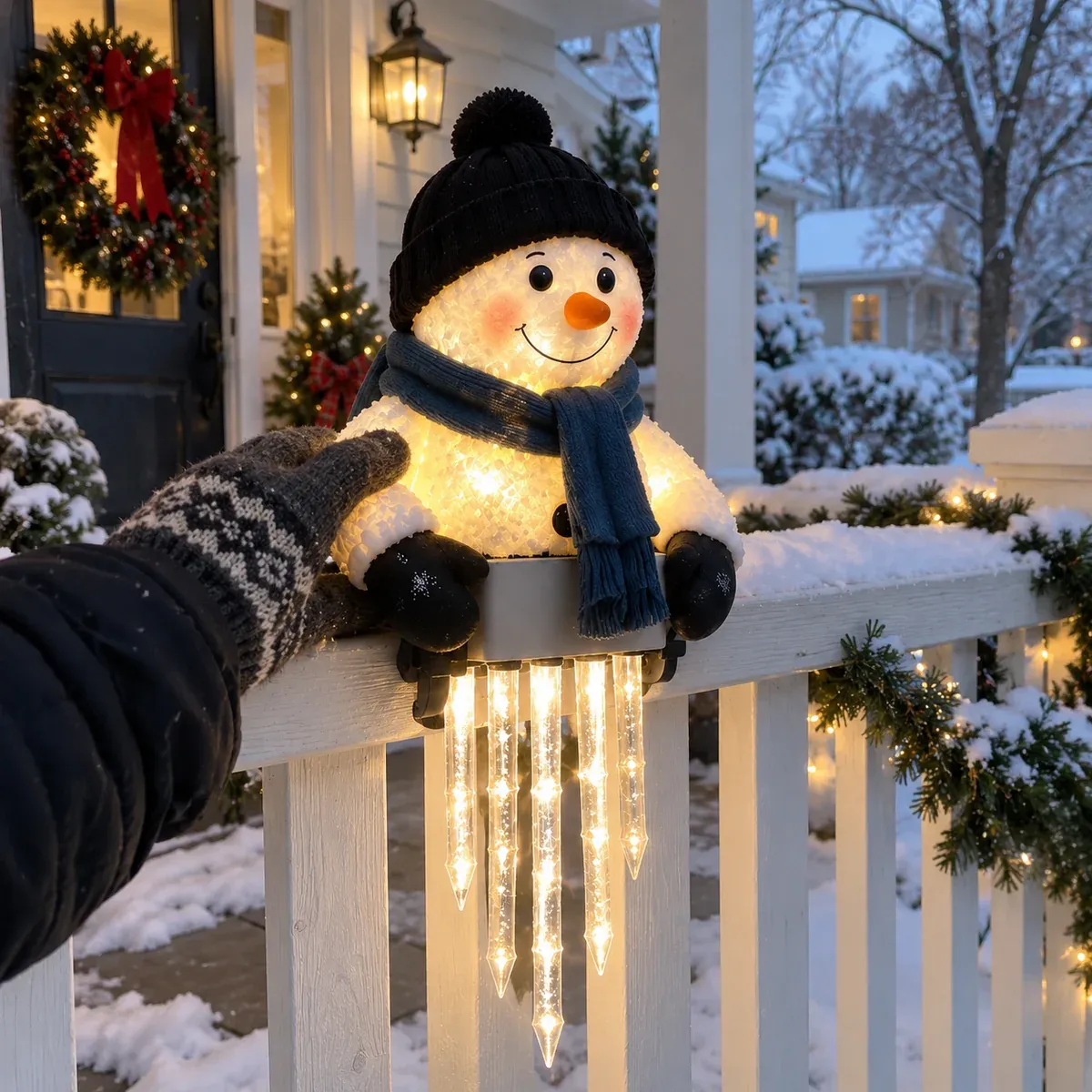 Customer adjusting a snowman railing light