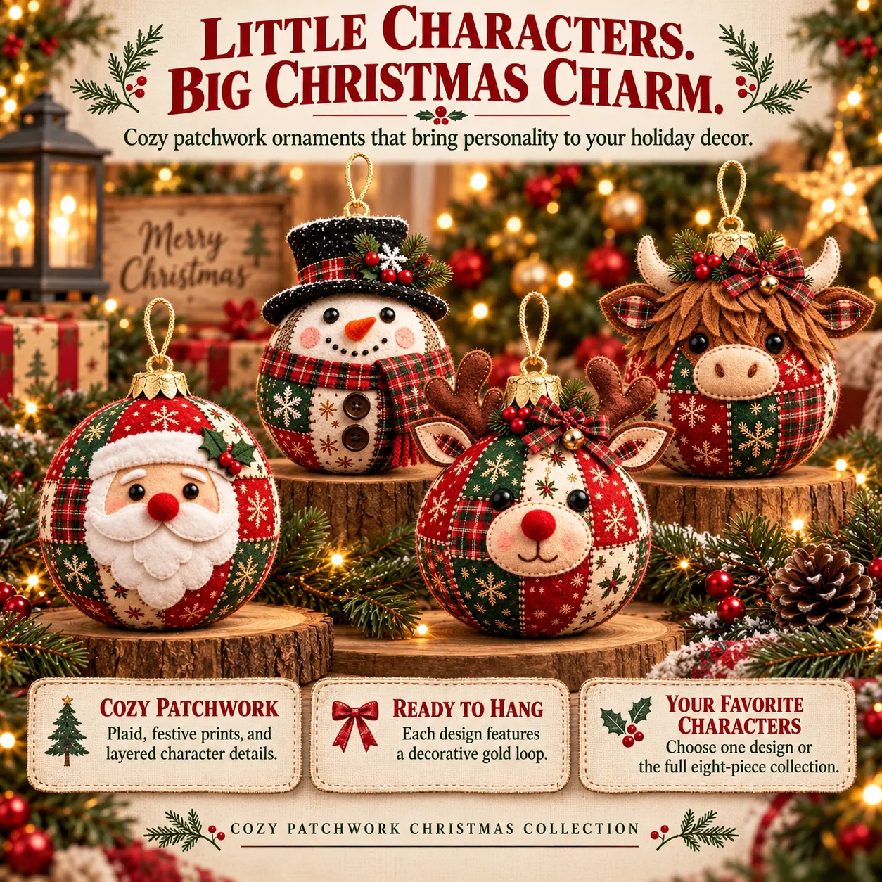 Finished Santa, Snowman, Reindeer and Highland Cow designs showing the collection