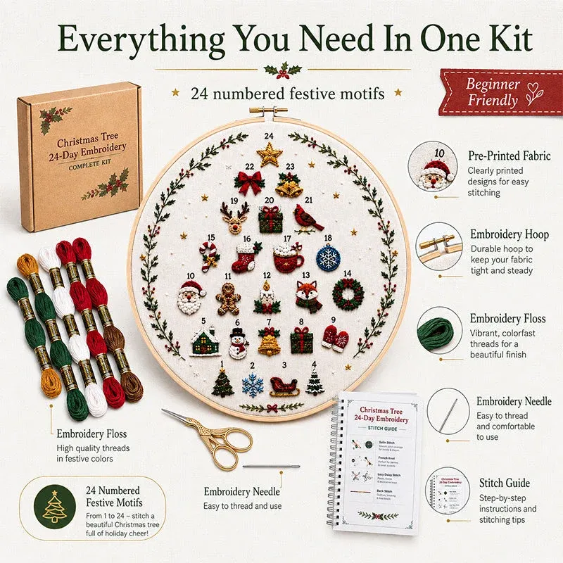 Everything included in the Christmas Tree 24-Day Embroidery Kit