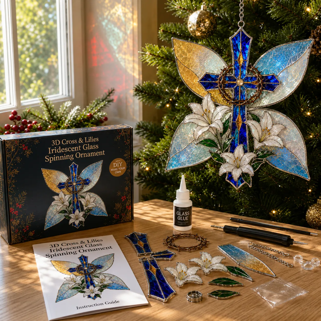 Cross and White Lilies iridescent suncatcher kit
