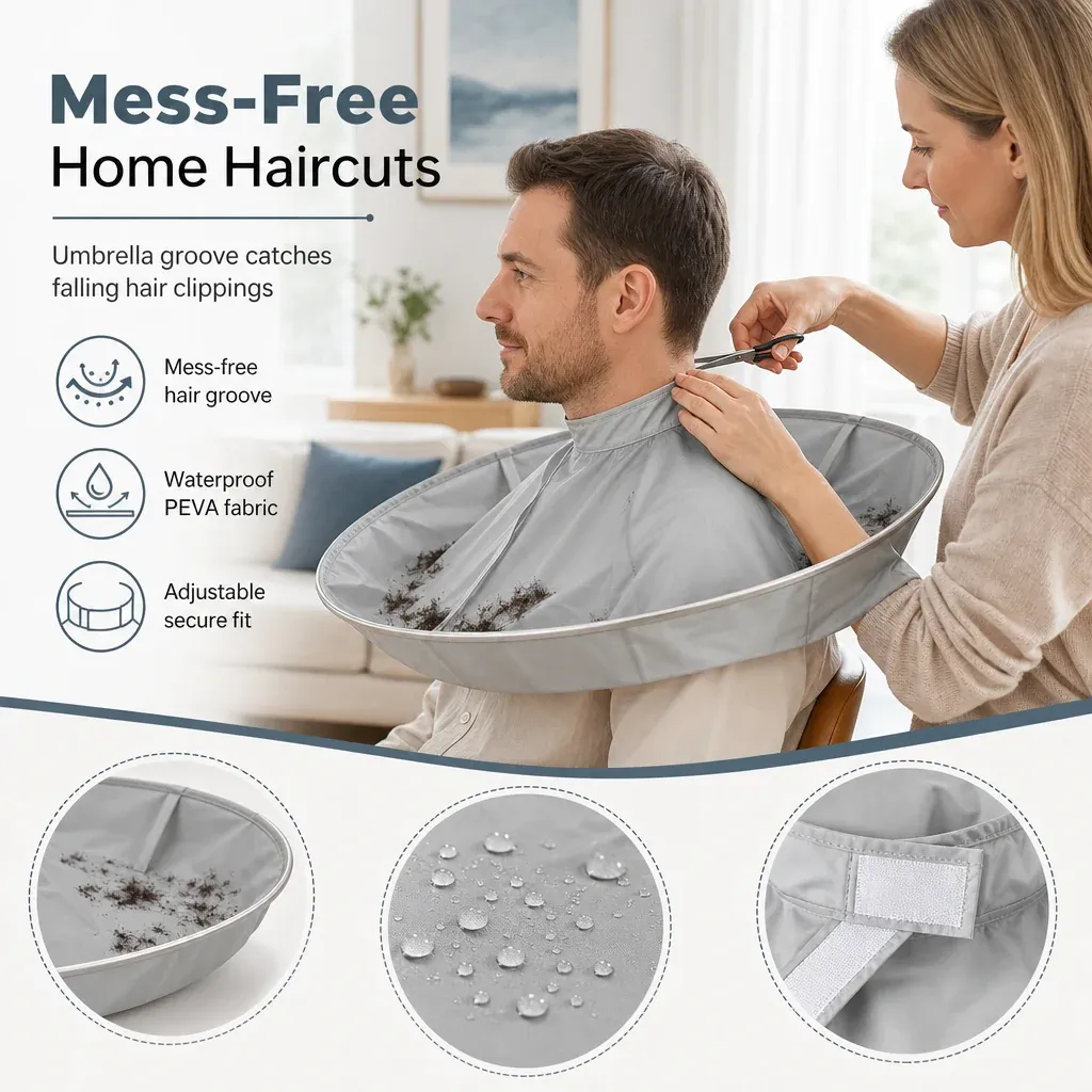 Compact folding hair cape with built-in groove for catching clippings