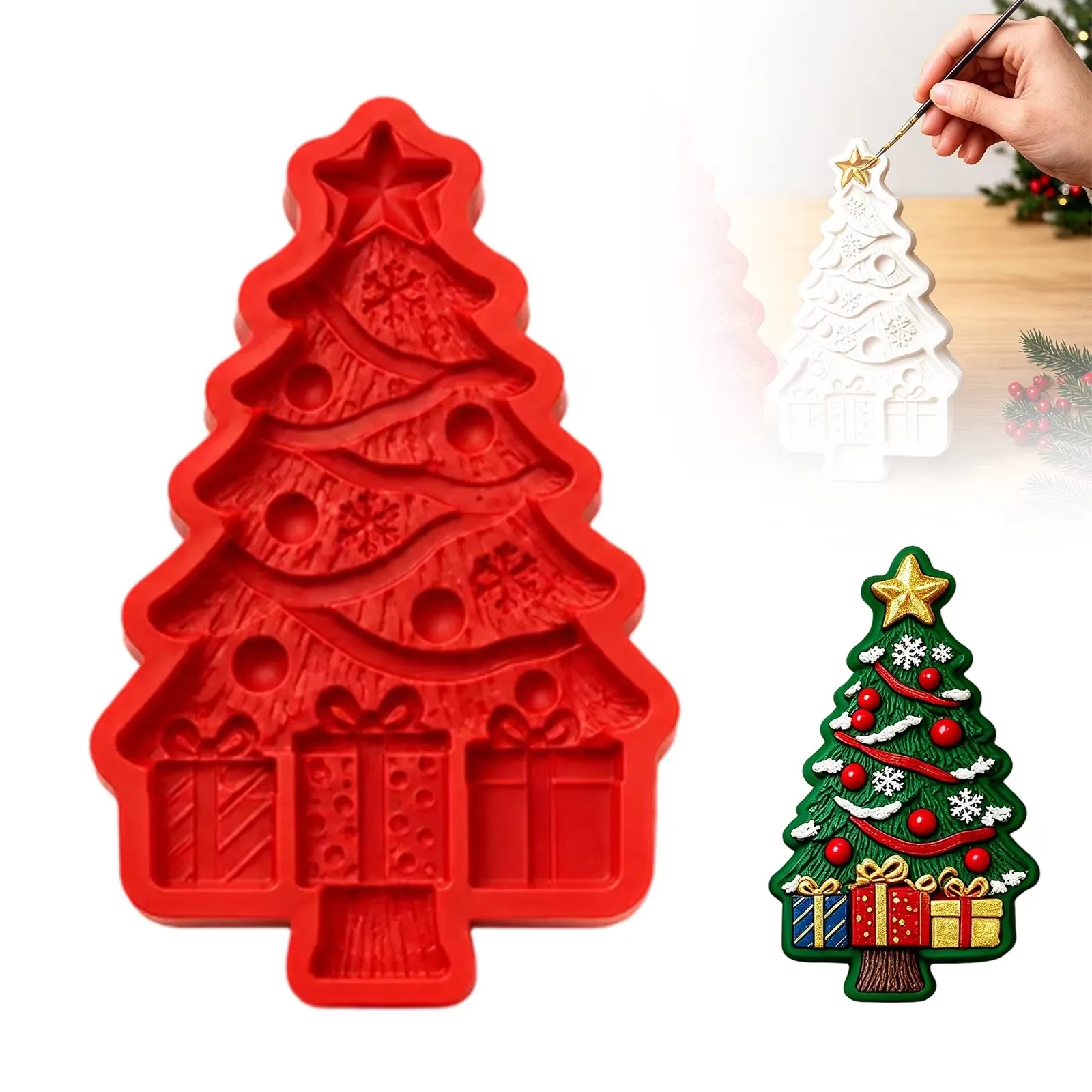 Red Christmas tree silicone mold beside an unpainted and a painted finished tree