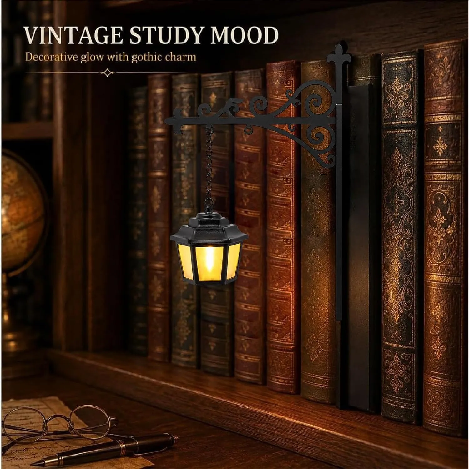 Library Lantern glowing between books in a dark study