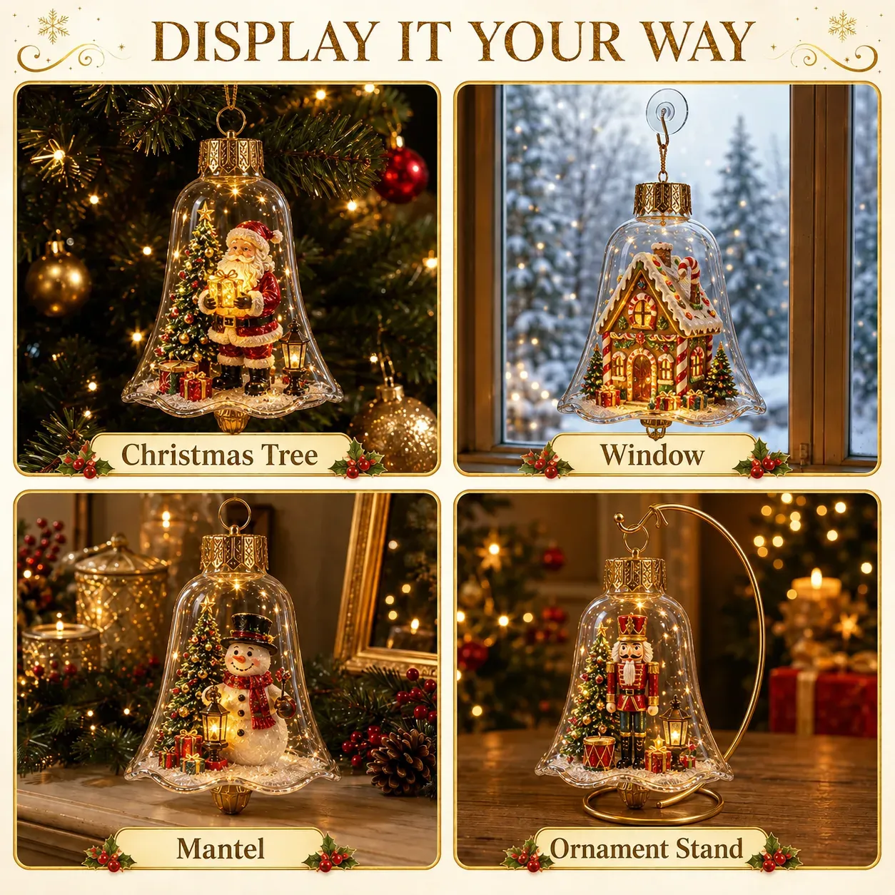 Christmas story bell displayed on a tree, window, mantel, and ornament stand