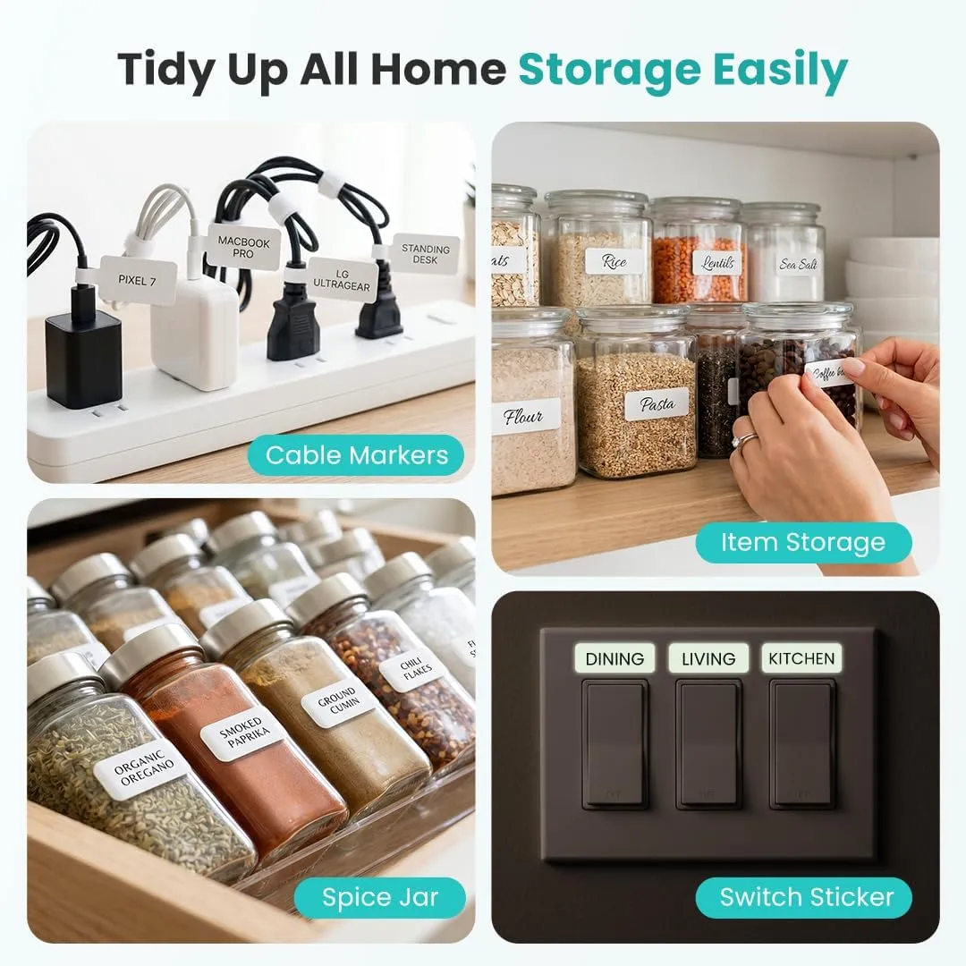 Labels organizing cables, pantry jars, spices, and switches