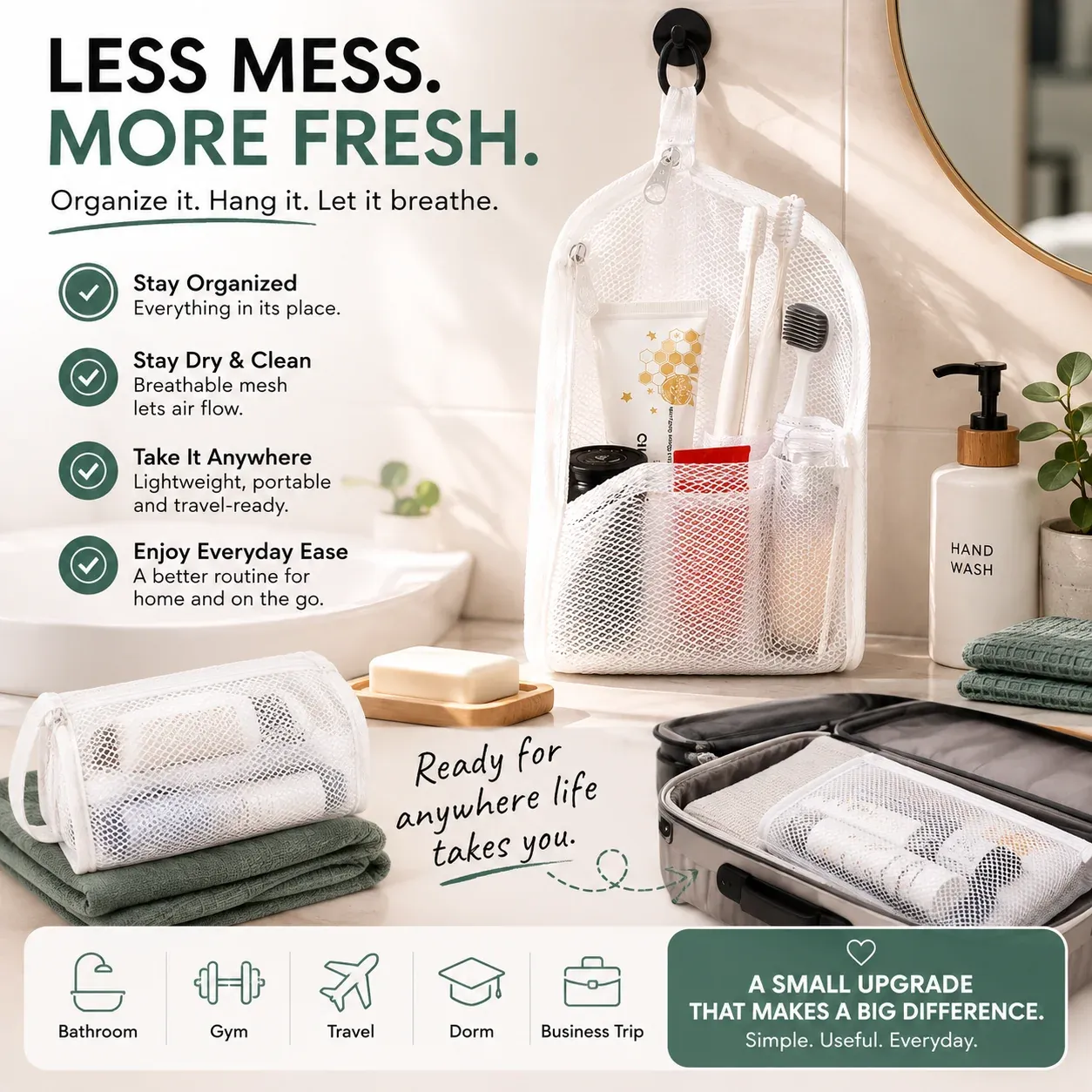 Portable quick dry mesh toiletry bag benefits