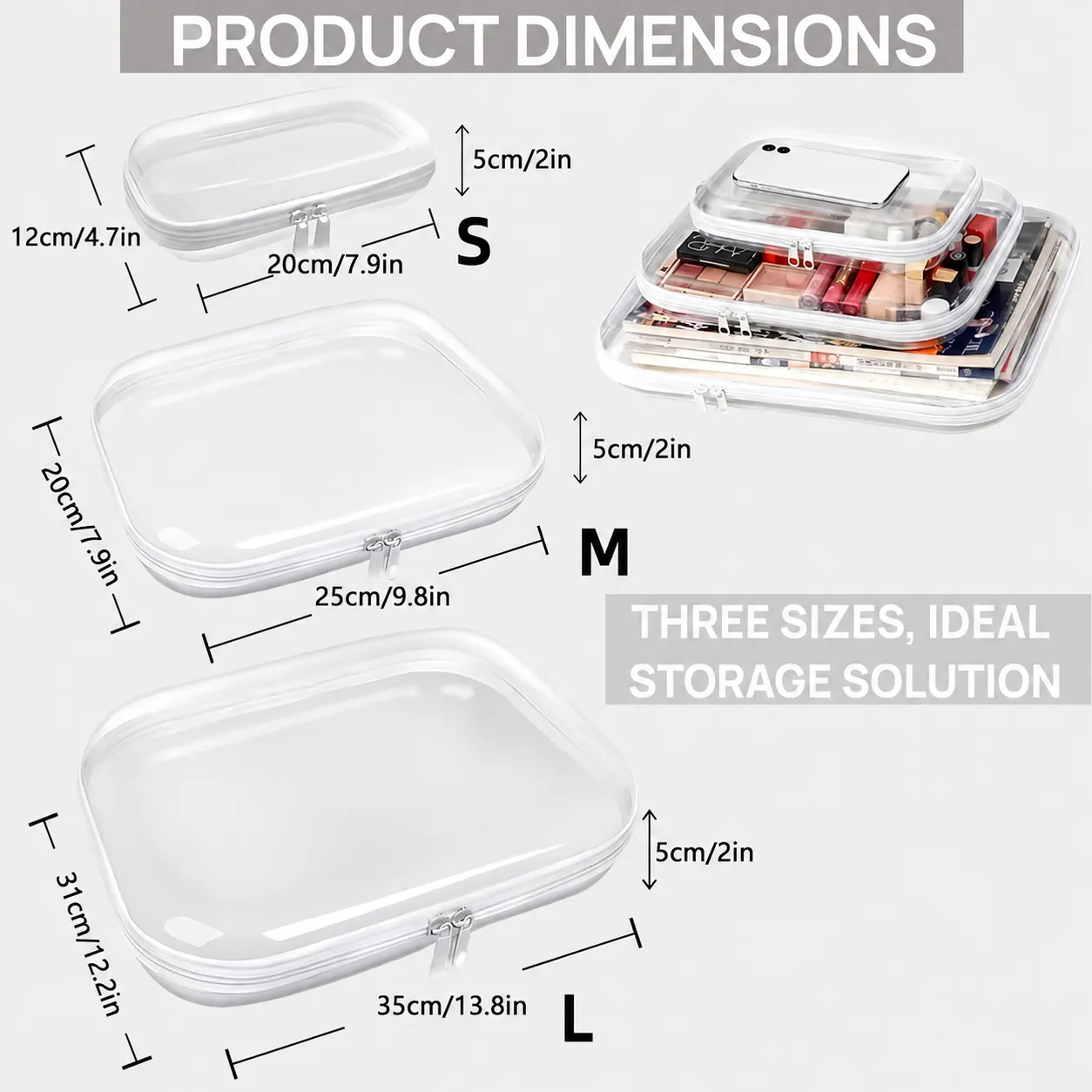 Small, large, and extra-large organizer dimensions in inches