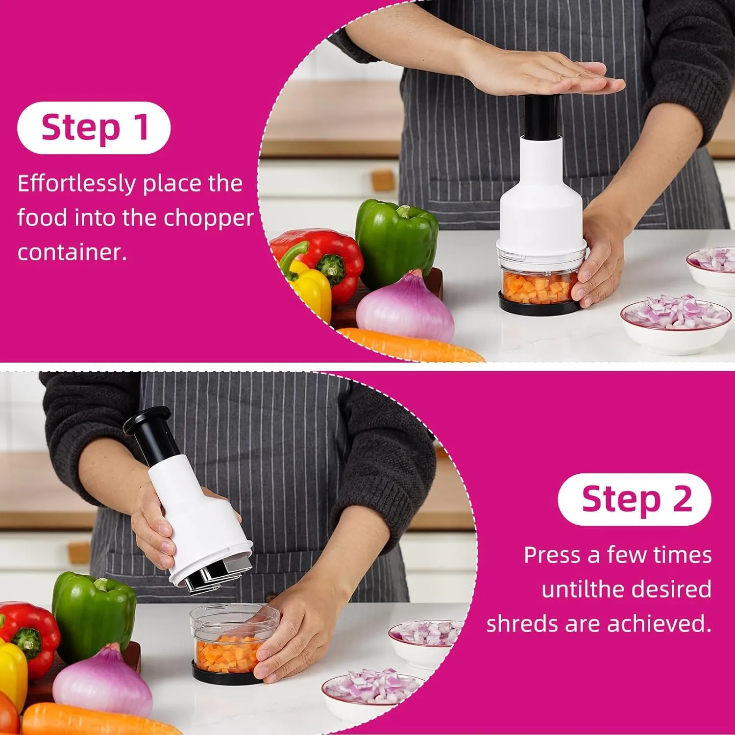 Two simple steps for loading and pressing the manual chopper