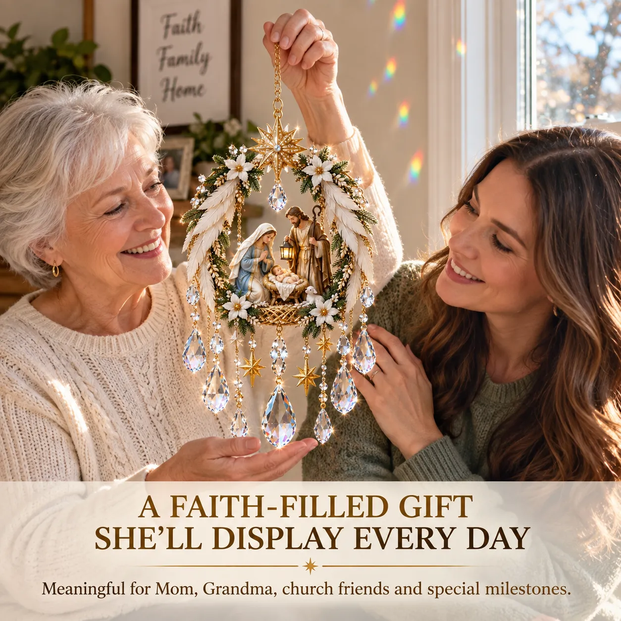 Mother and daughter looking at a Cross and White Flowers suncatcher together