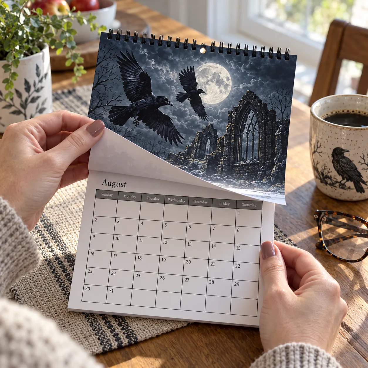 Hands holding the August calendar page beside a mug