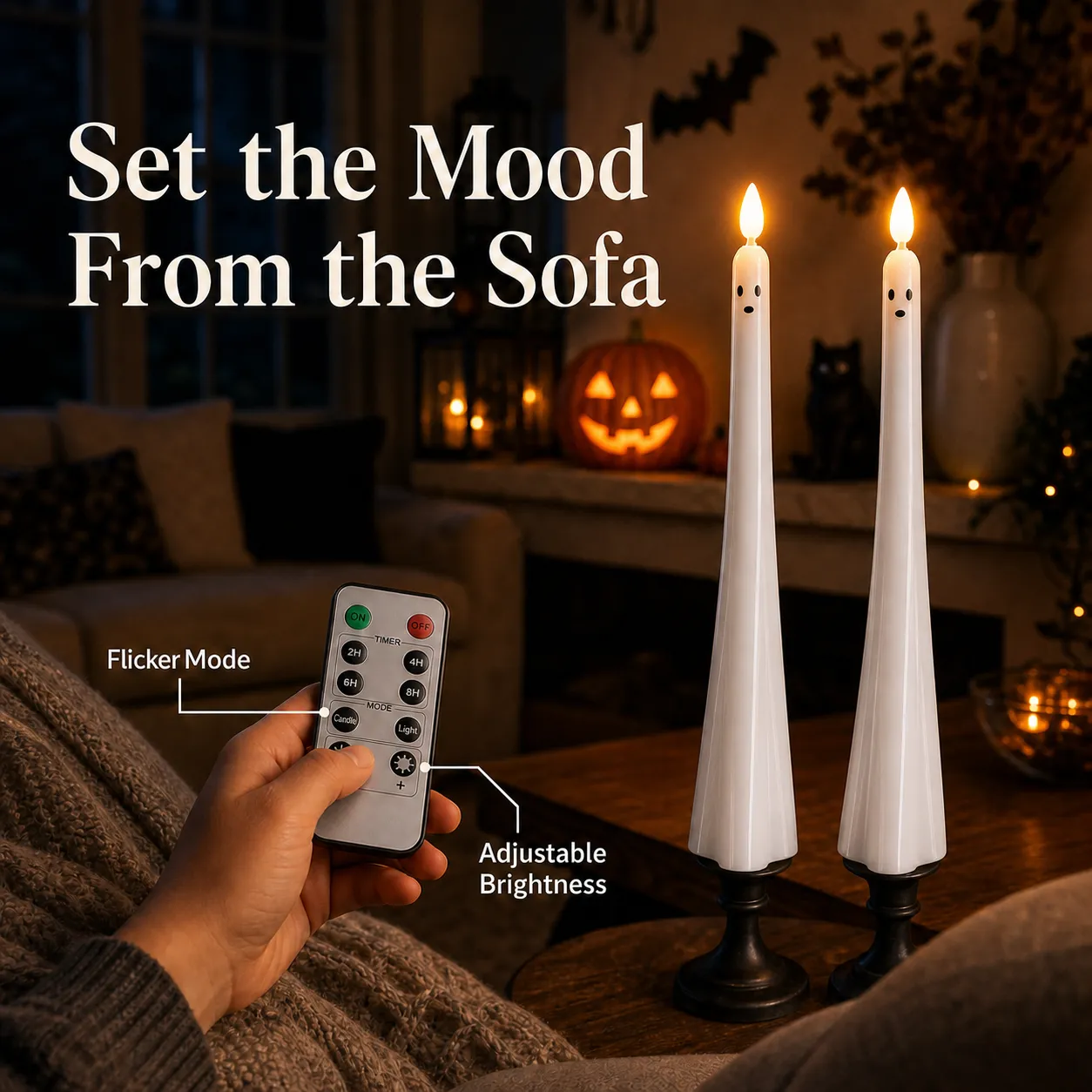 Two ghost taper candles controlled from a sofa
