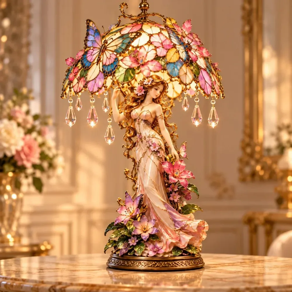 Butterfly Blossom table lamp showing its floral shade, hanging drops and graceful sculptural figure
