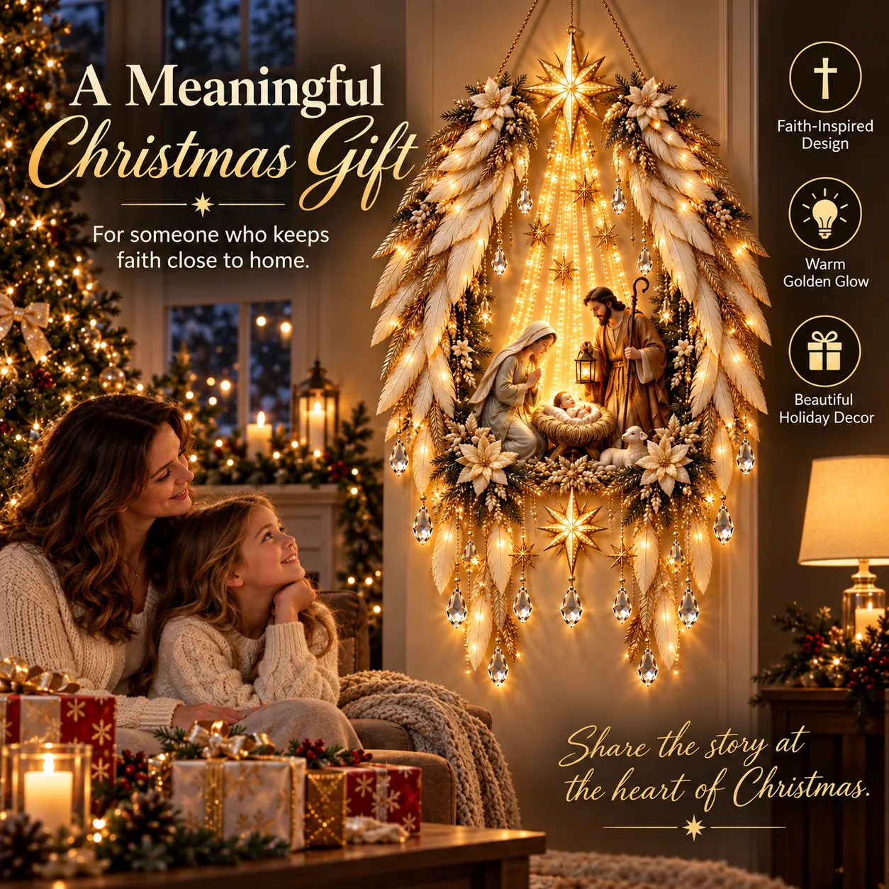 Mother and daughter admiring the glowing Nativity wall decoration in a Christmas living room