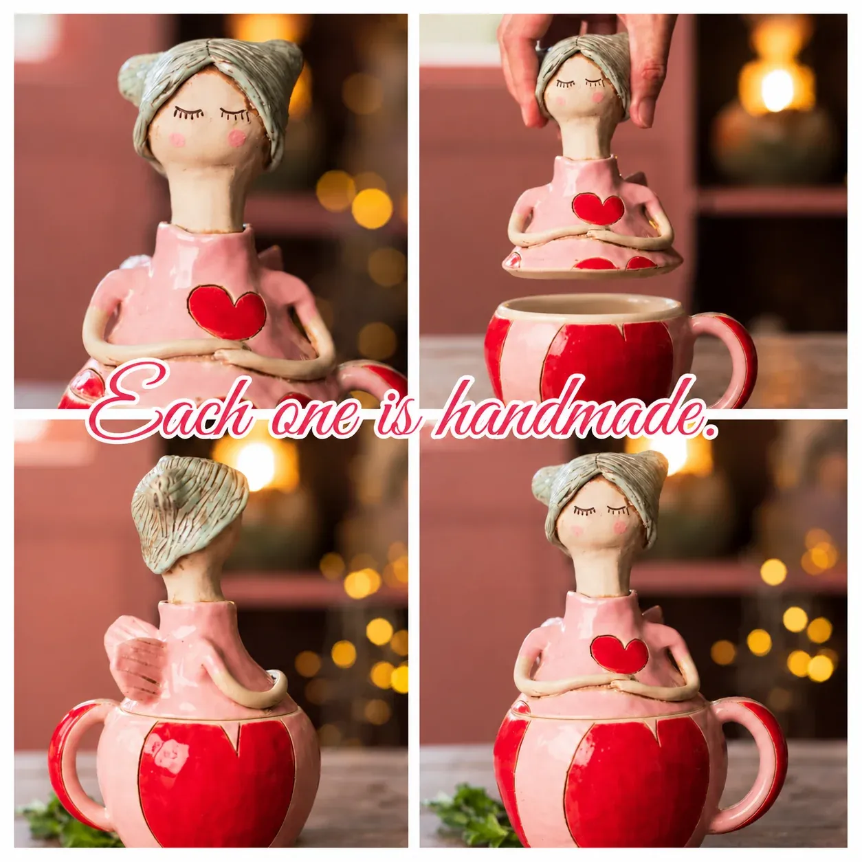 Close-up views showing the fairy lid lifted off the handled mug and the decorative face and hair details