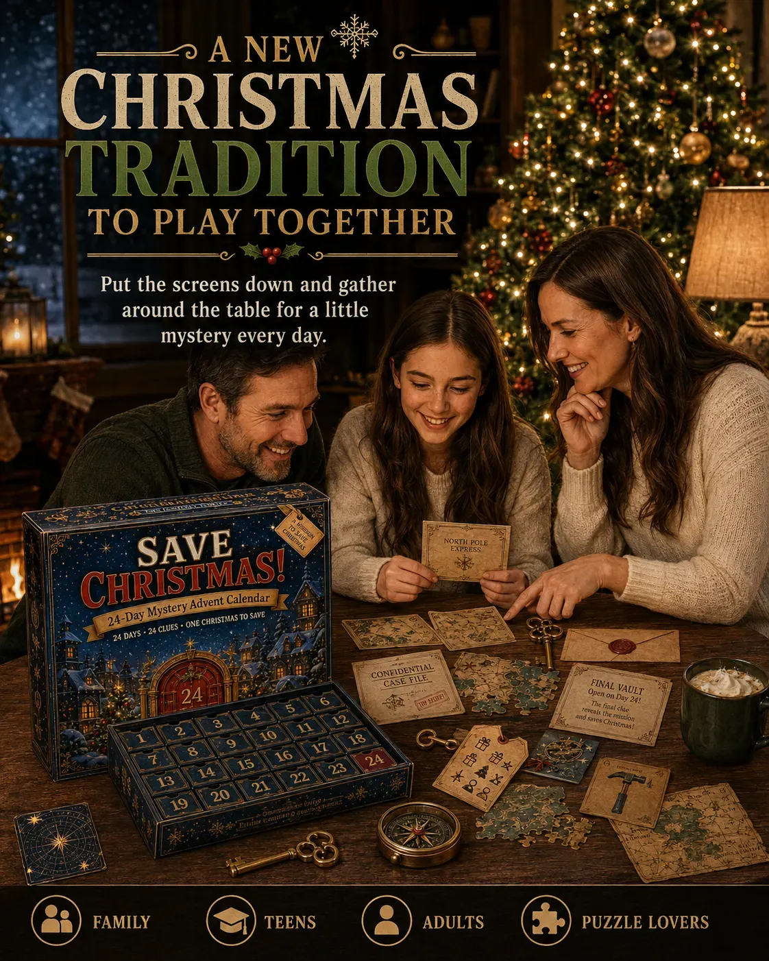Family playing the mystery Advent calendar together