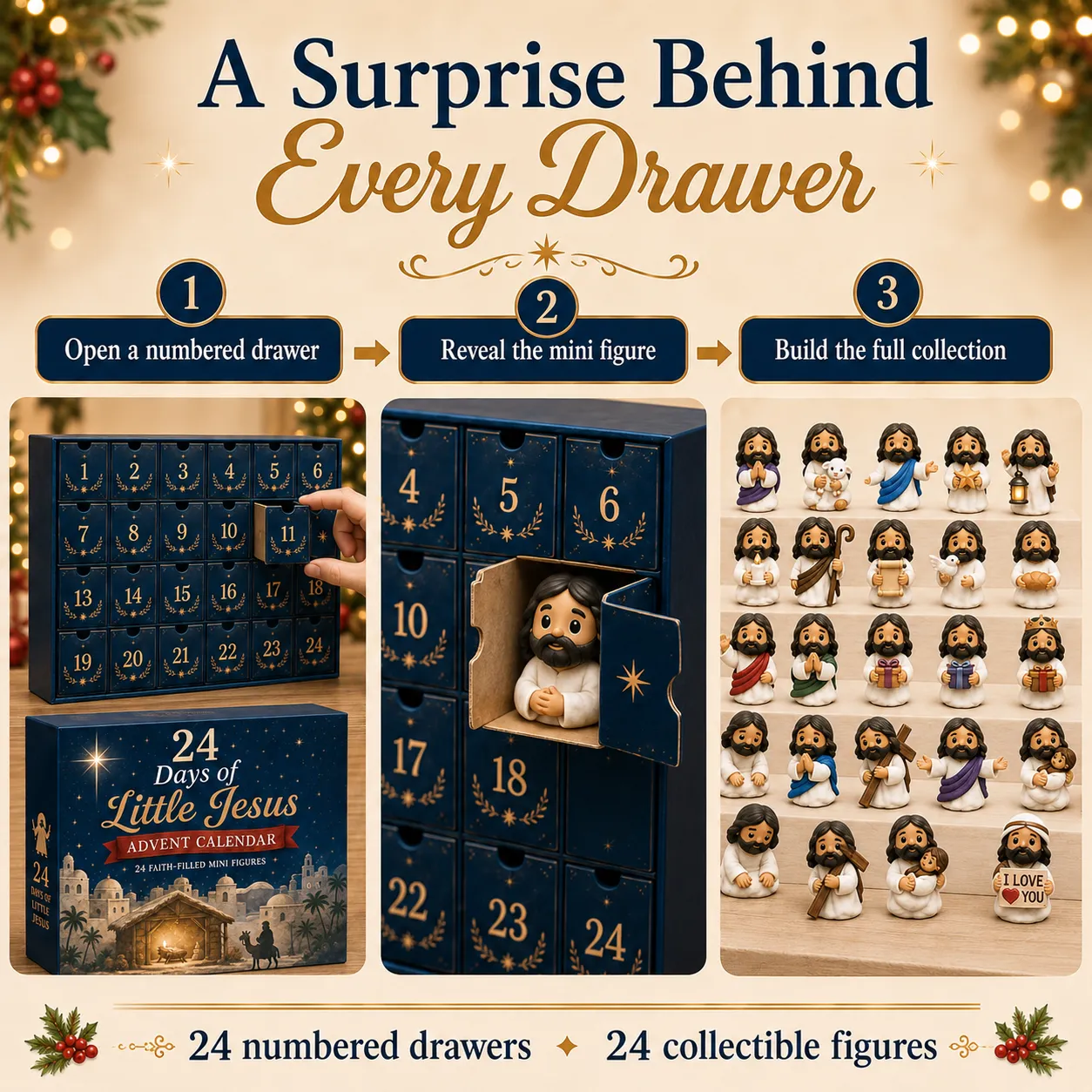 Numbered Advent Calendar drawer revealing a Little Jesus surprise