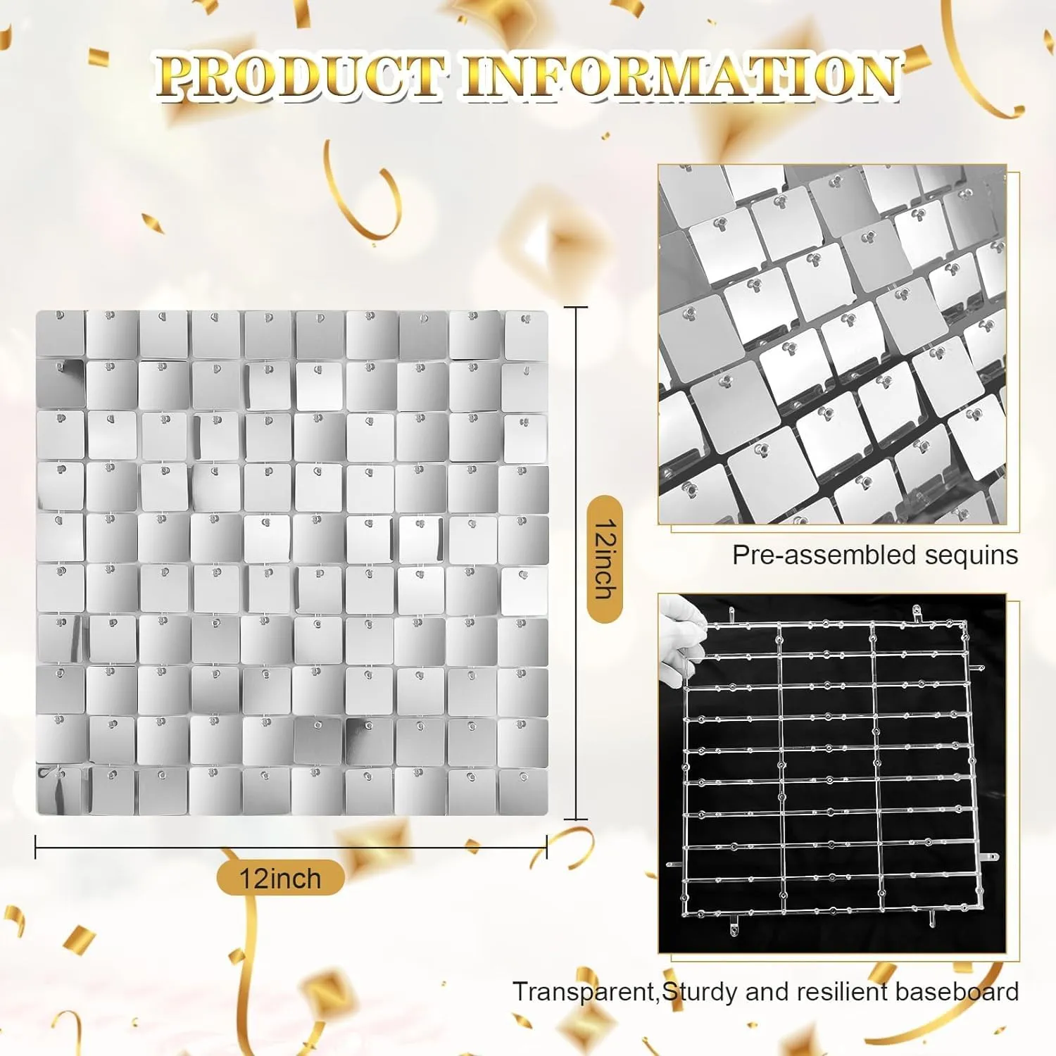 12 by 12 inch silver pre-assembled square sequin panel and transparent grid back