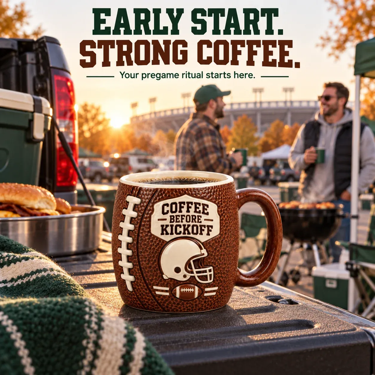 Coffee Before Kickoff football mug at a tailgate