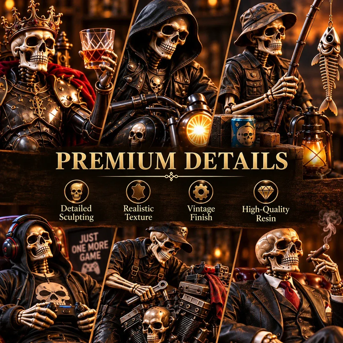 Close-up of sculpted details and themed props on the skeleton collectibles