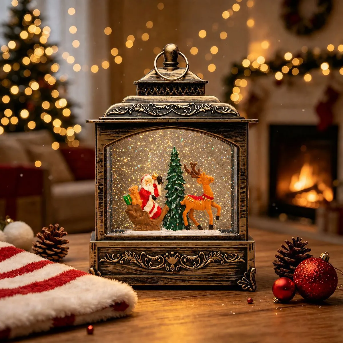 Santa and reindeer scene Christmas snow lantern