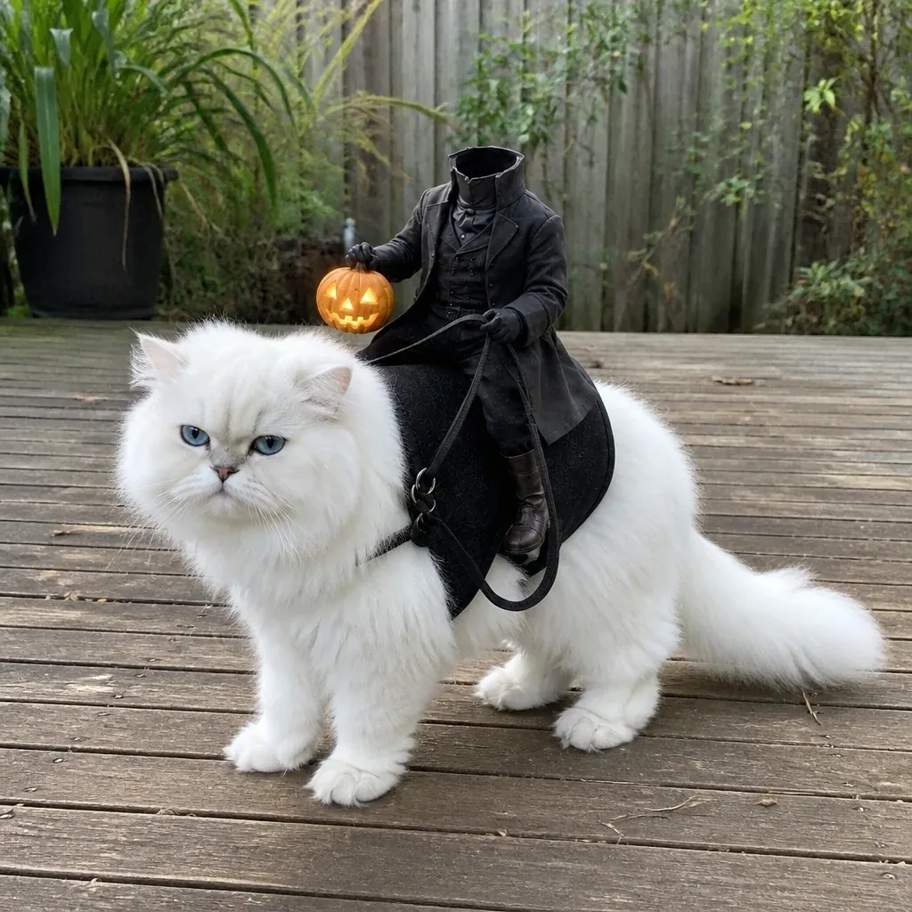 White cat wearing Headless Horseman Halloween costume outdoors