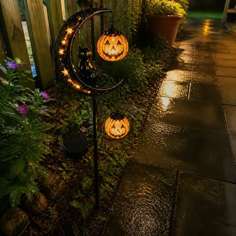 Customer-style photo of double lantern light glowing beside a wet garden path