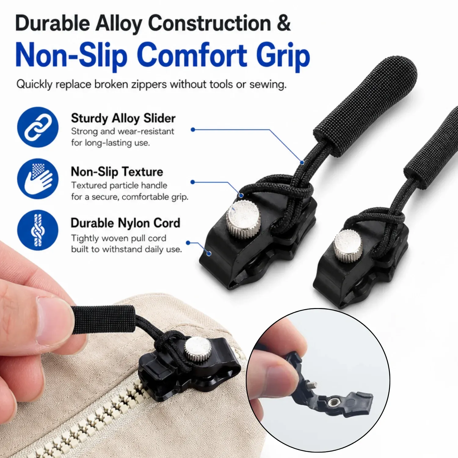 Secure and durable replacement zipper slider