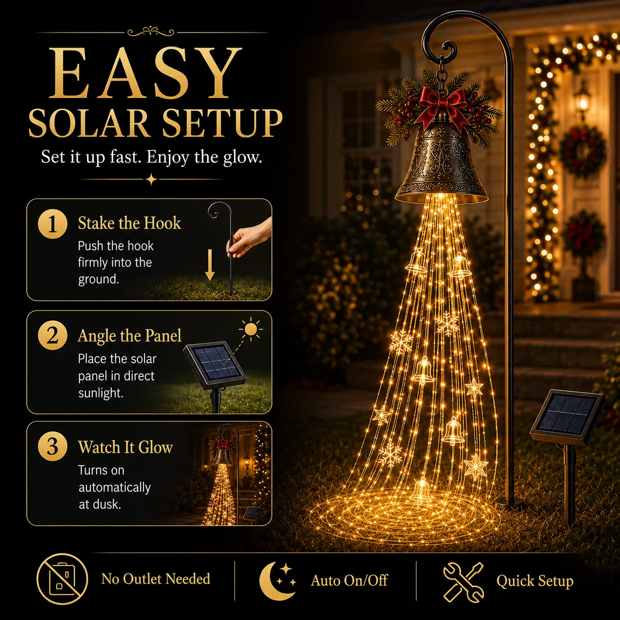 Three-step setup for the solar Christmas bell yard light