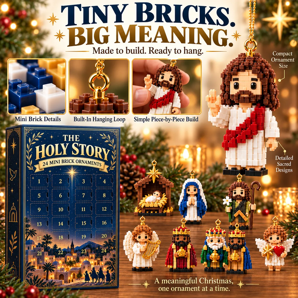 Close-ups of mini bricks, a gold hanging loop, and a completed Blessing Jesus figure with other faith-inspired ornaments