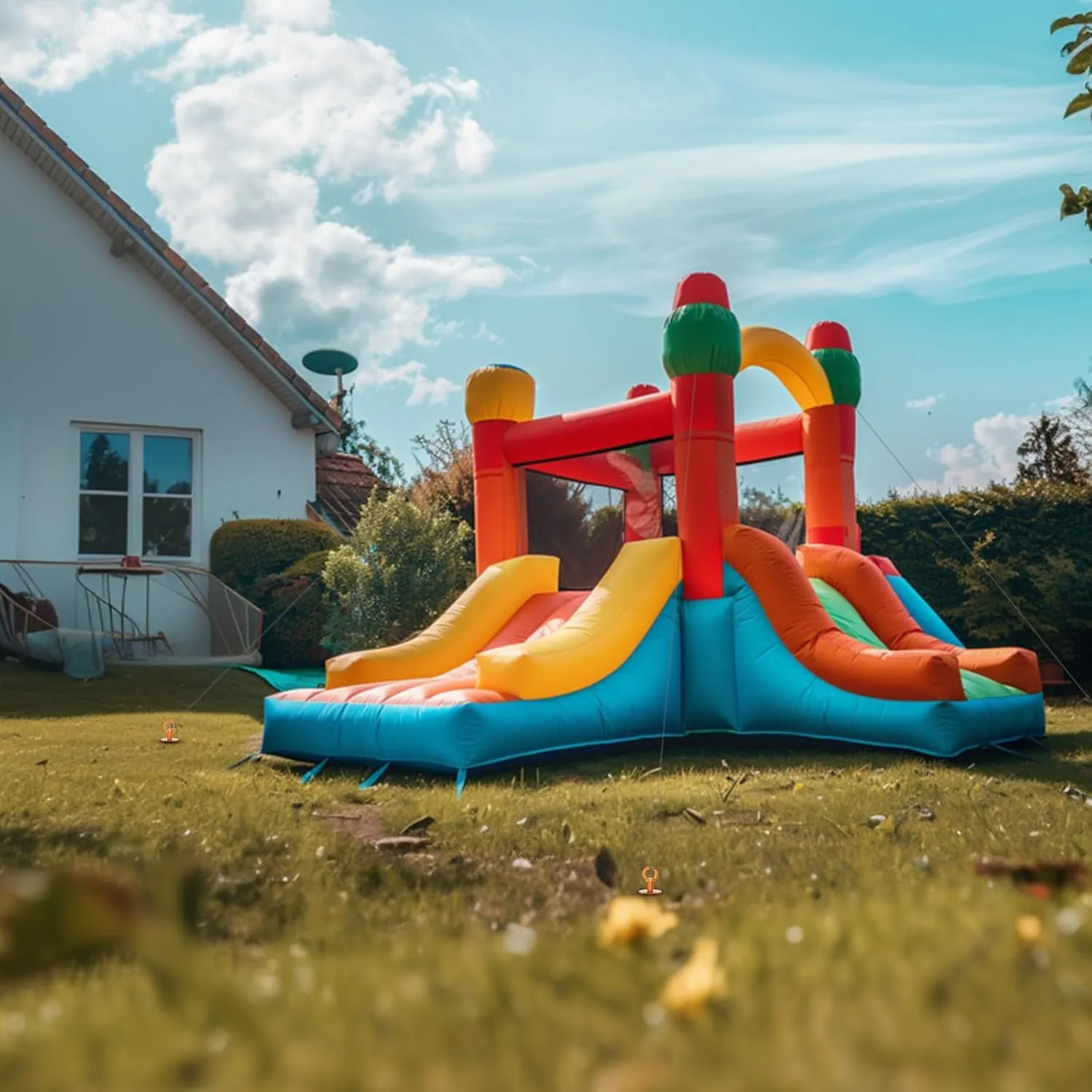 Inflatable bounce house secured on a backyard lawn