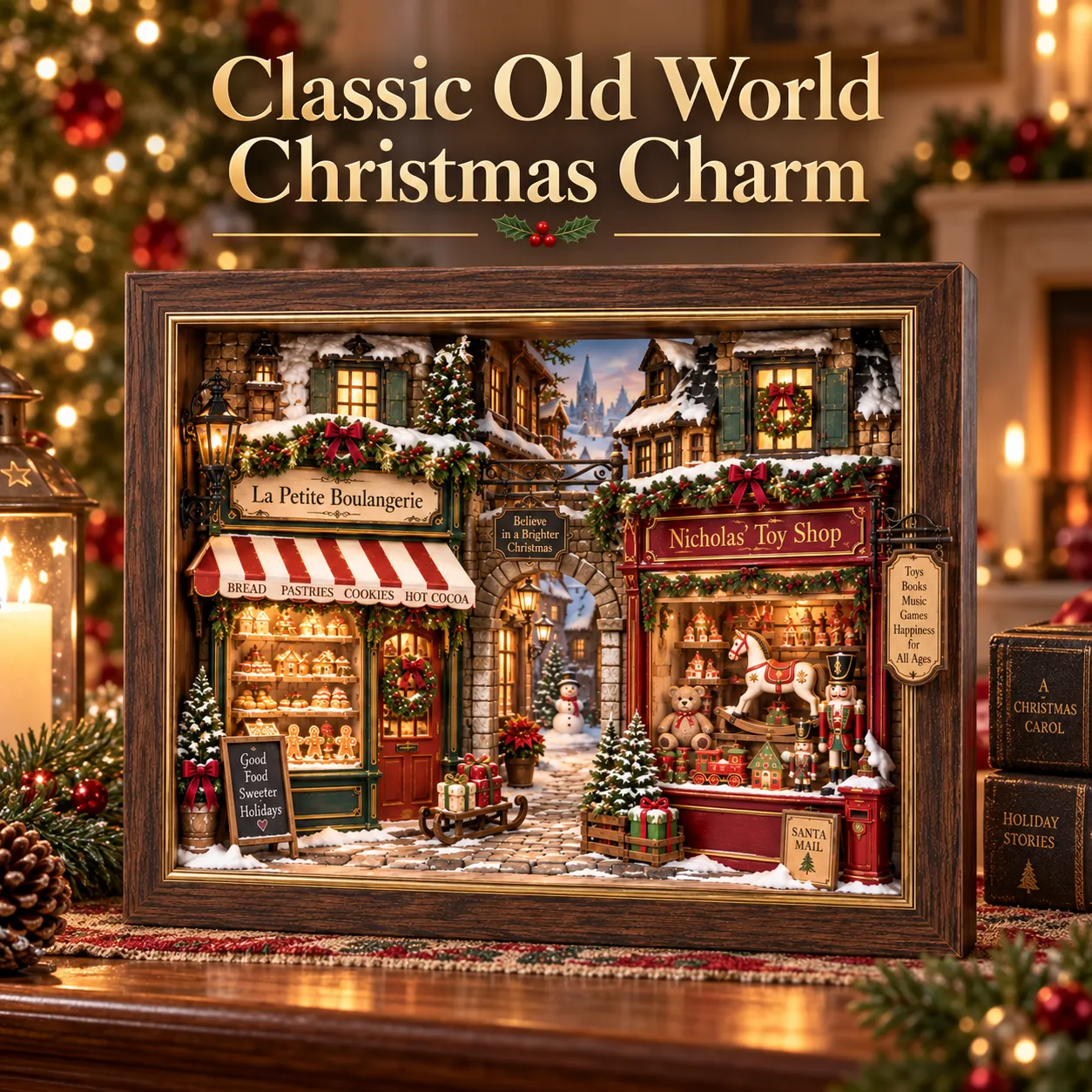 Storybook holiday charm with bakery and toy shop details