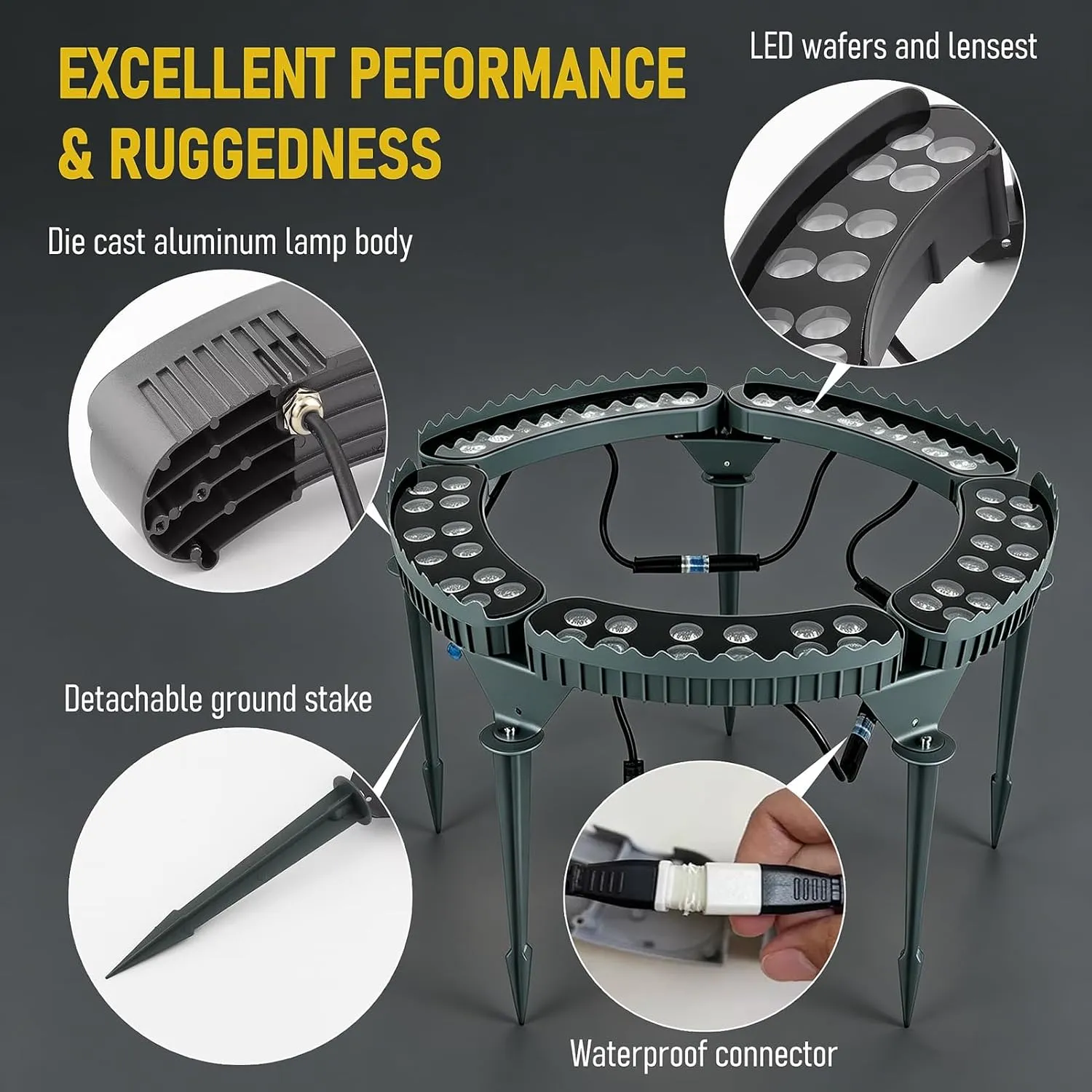 Dark curved light sections with ground stakes and wired connectors