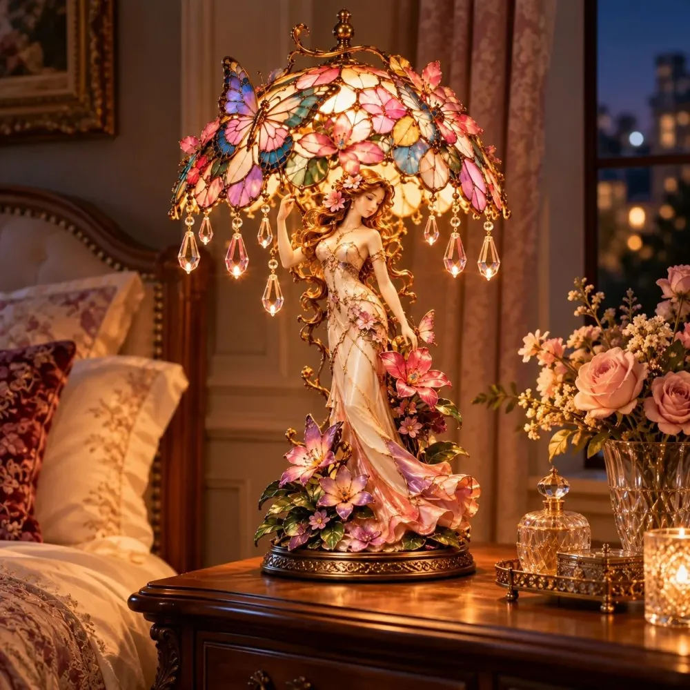 Full bedside scene with the Butterfly Blossom lamp glowing on a wooden table